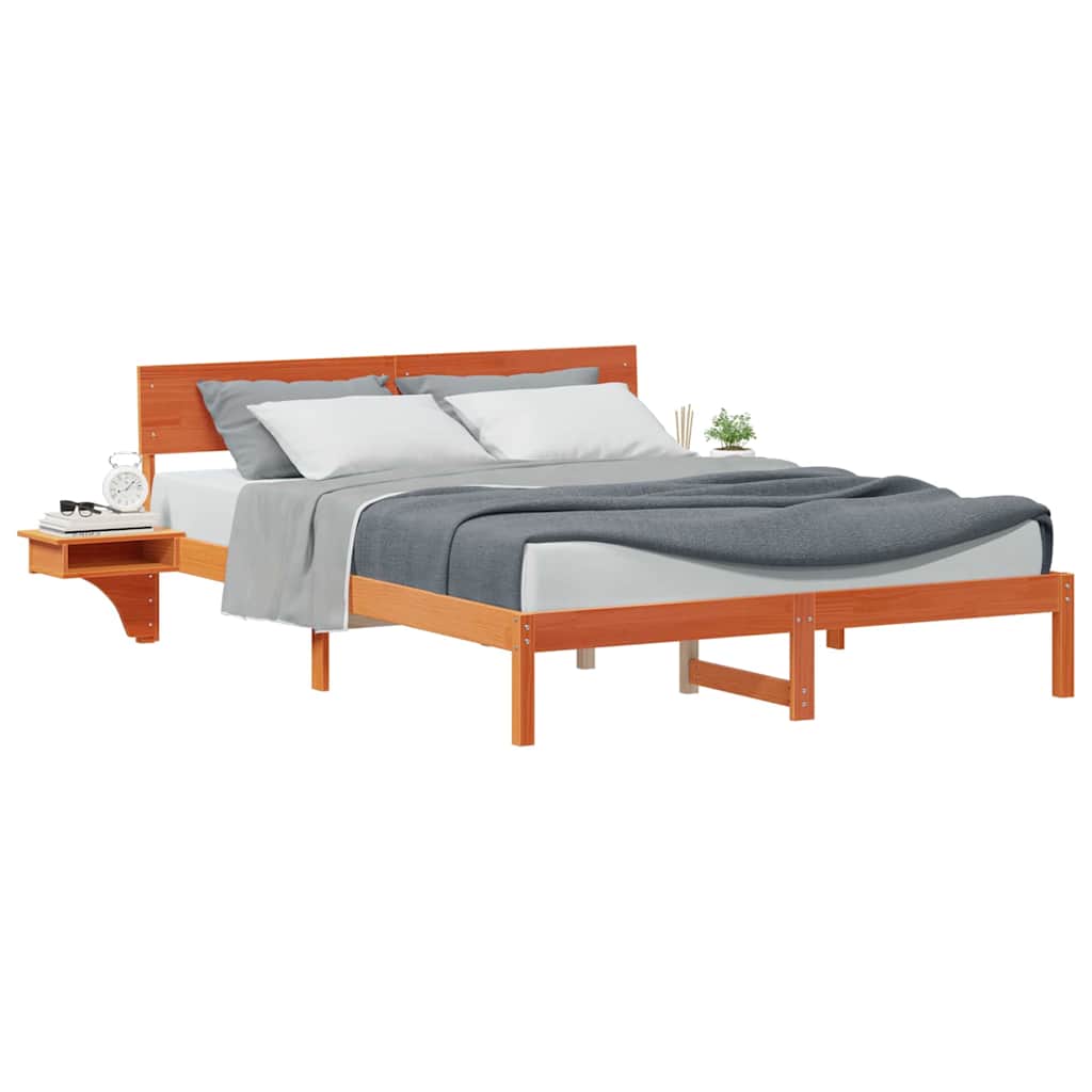 Bed Frame with Bedside Tables Wax brown Solid pine wood