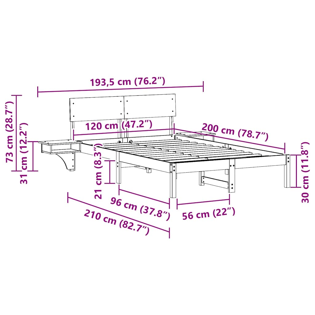 Bed Frame with Bedside Tables White Solid pine wood