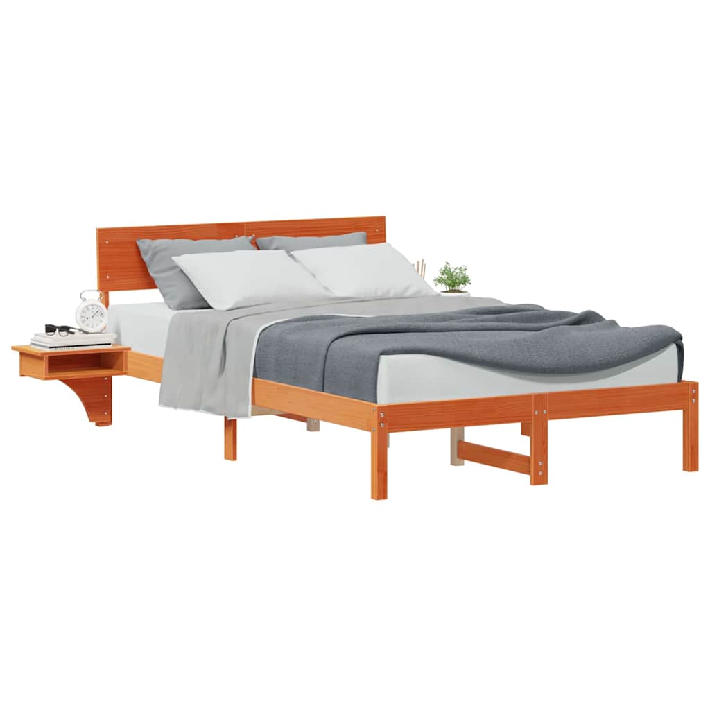 Bed Frame with Bedside Tables Wax brown Solid pine wood