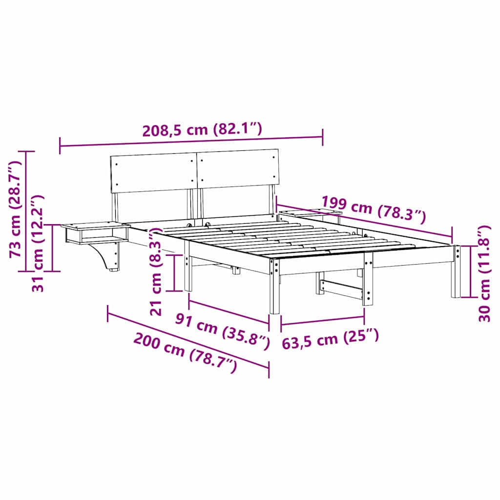 Bed Frame with Bedside Tables Brown Solid pine wood