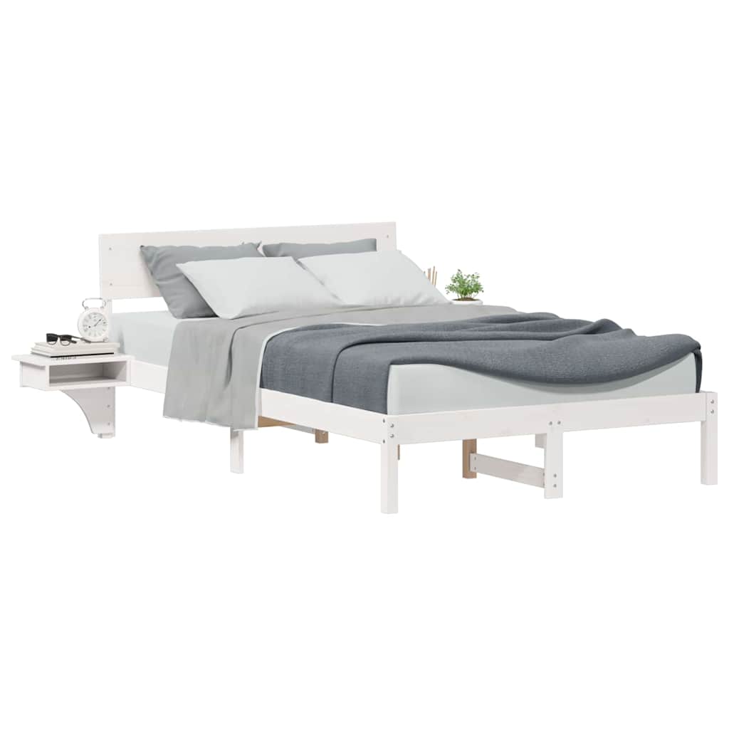 Bed Frame with Bedside Tables White Solid pine wood