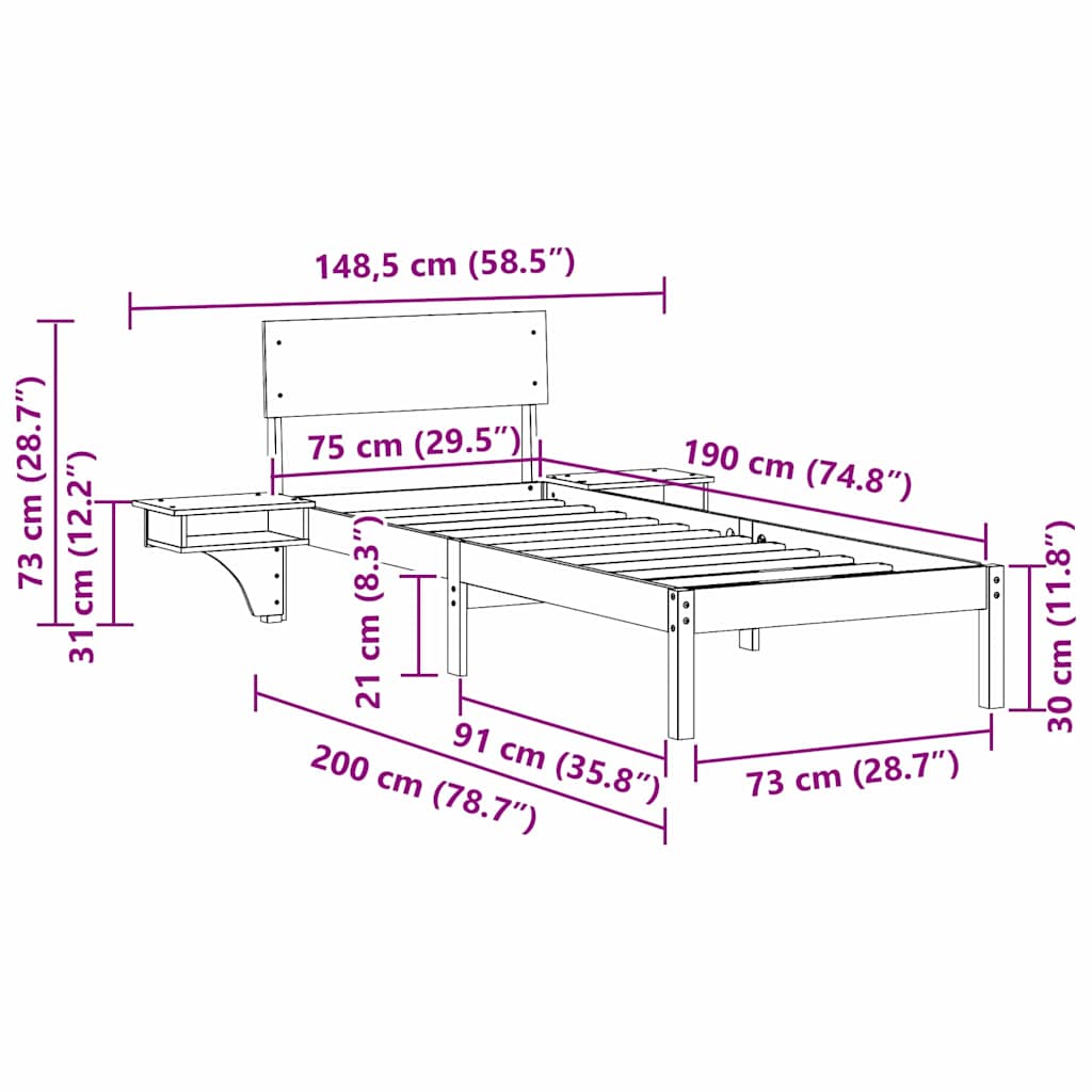 Bed Frame with Bedside Tables Brown Solid pine wood