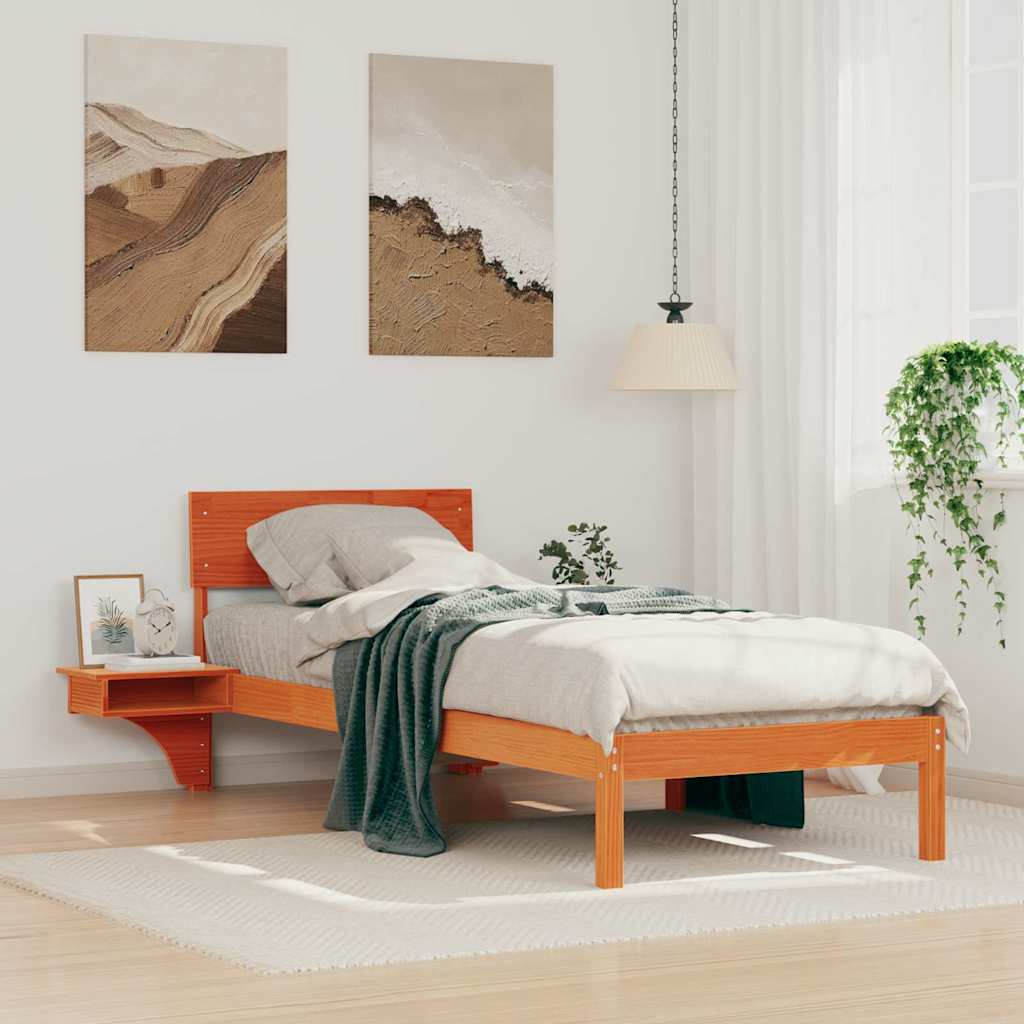 Bed Frame with Bedside Tables Wax brown Solid pine wood