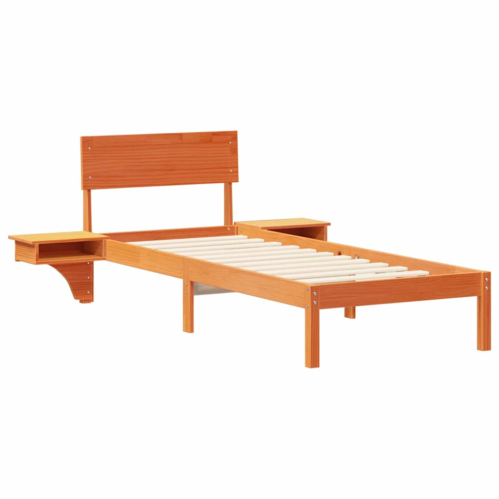 Bed Frame with Bedside Tables Wax brown Solid pine wood