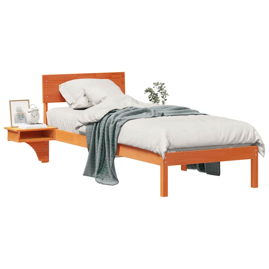 Bed Frame with Bedside Tables Wax brown Solid pine wood