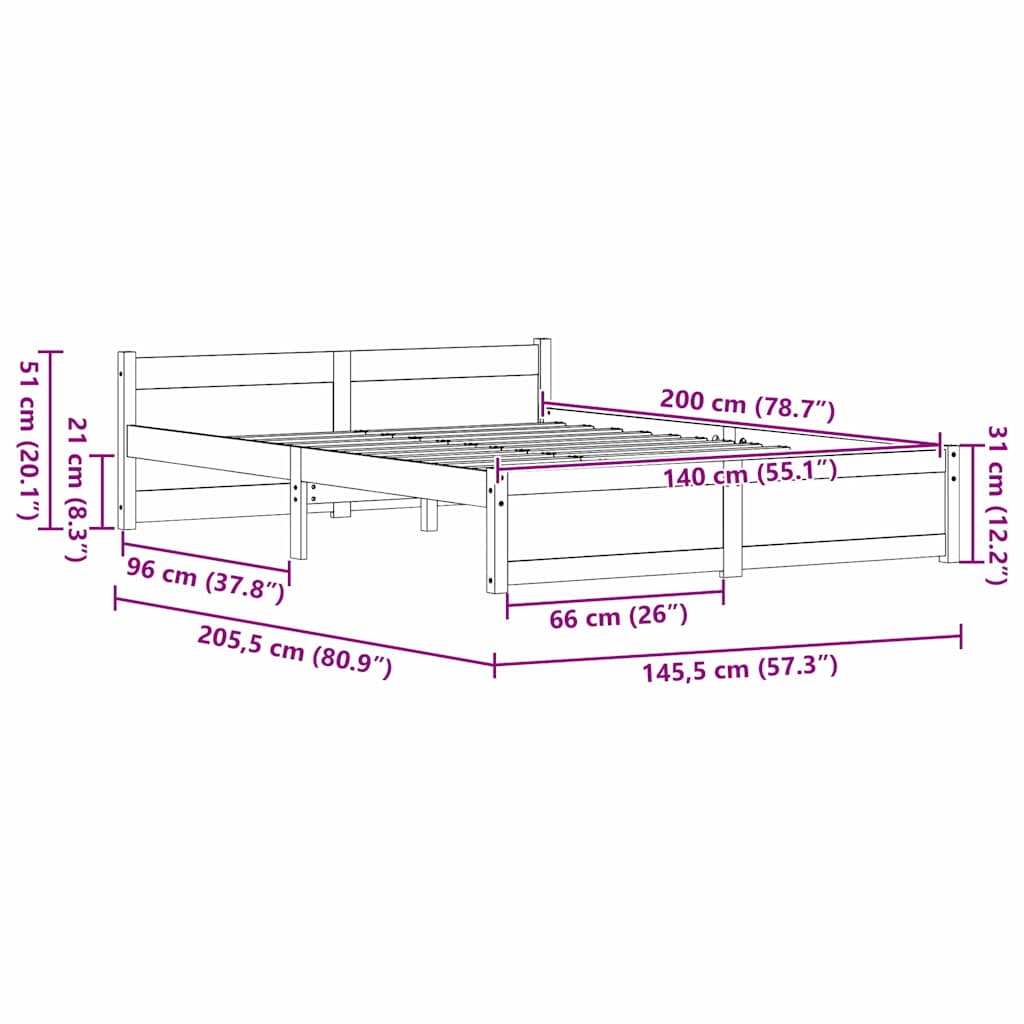 Bed Frame with Headboard Wax brown 140 x 200 cm Solid pine wood