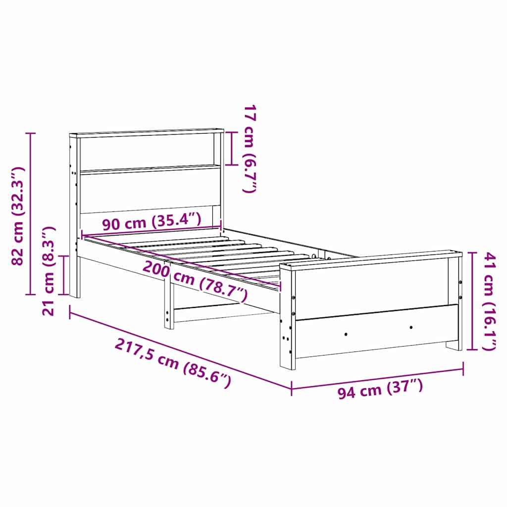 Bed Frame with Headboard White 90 x 200 cm Solid pine wood