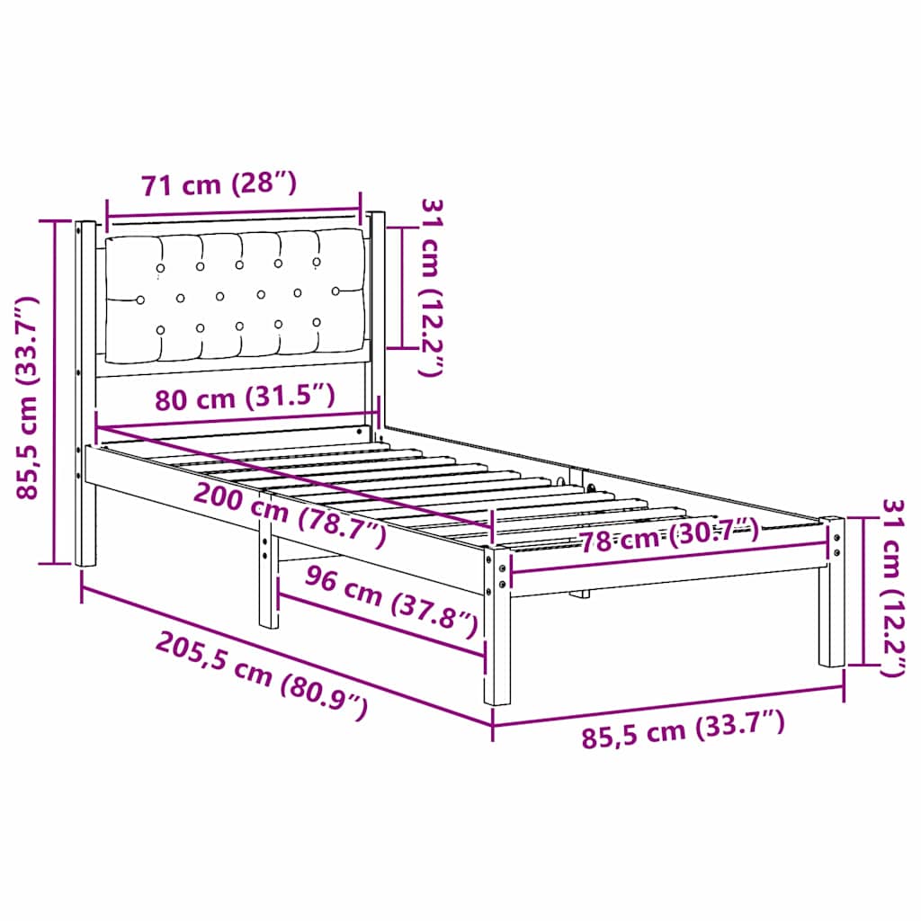 Bed Frame with Headboard Light Grey 80 x 200 cm Solid Pine Wood