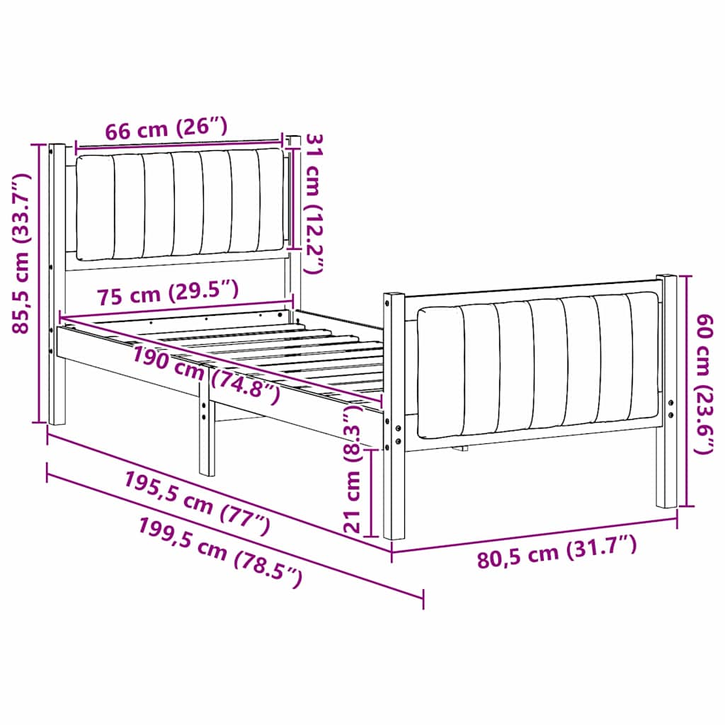 Bed frame Brown and taupe 75 x 190 cm Solid pine wood