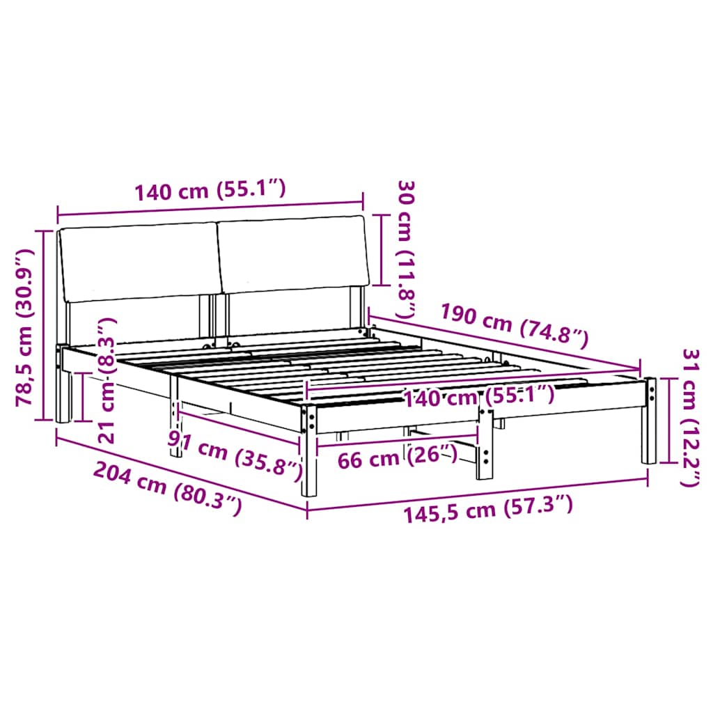Bed frame Brown and light grey 140 x 190 cm Solid pine wood