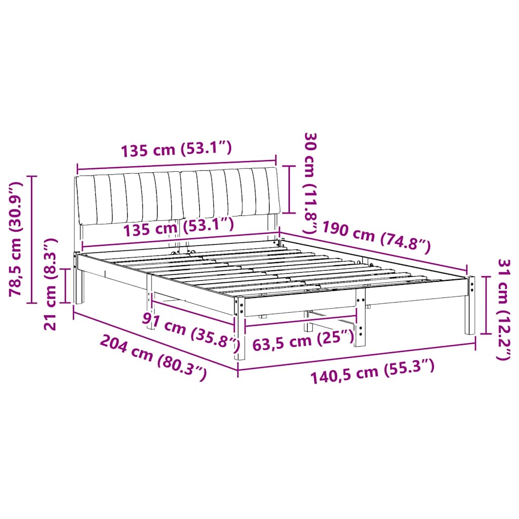 Bed frame Brown and light grey 135 x 190 cm Solid pine wood
