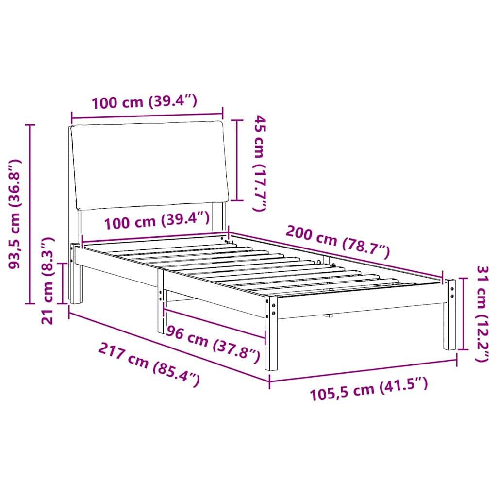 Bed frame Brown and dark grey 100 x 200 cm Solid pine wood