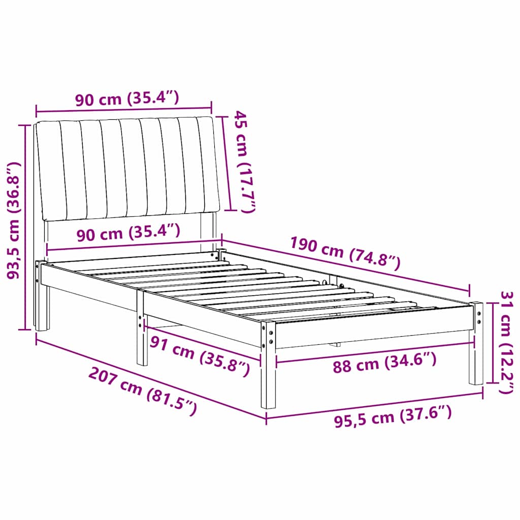 Bed Frame with Headboard White 90 x 190 cm Solid Pine Wood