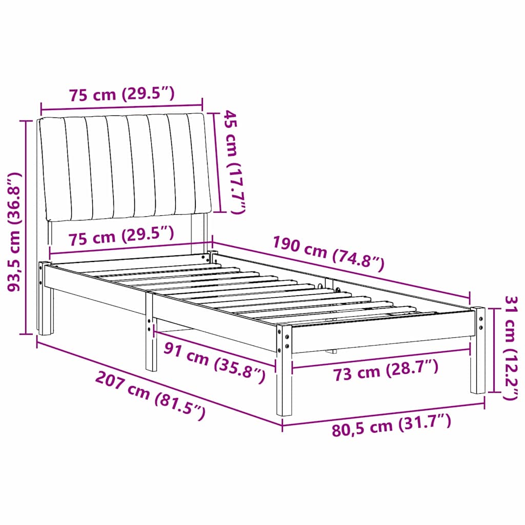 Bed Frame with Headboard White 75 x 190 cm Solid Pine Wood