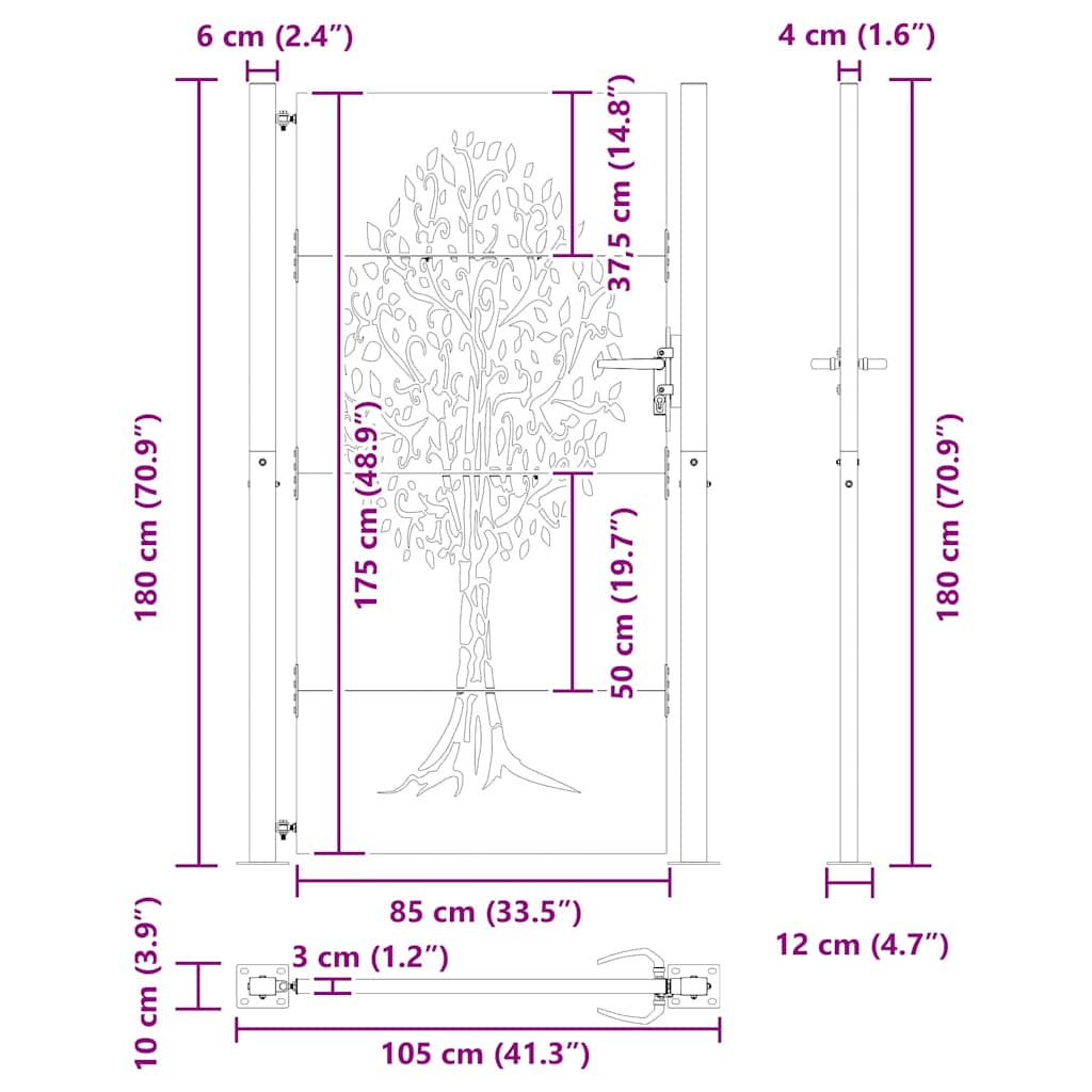 Garden Gate with Lock Black 105 x 175 cm Powder-coated steel
