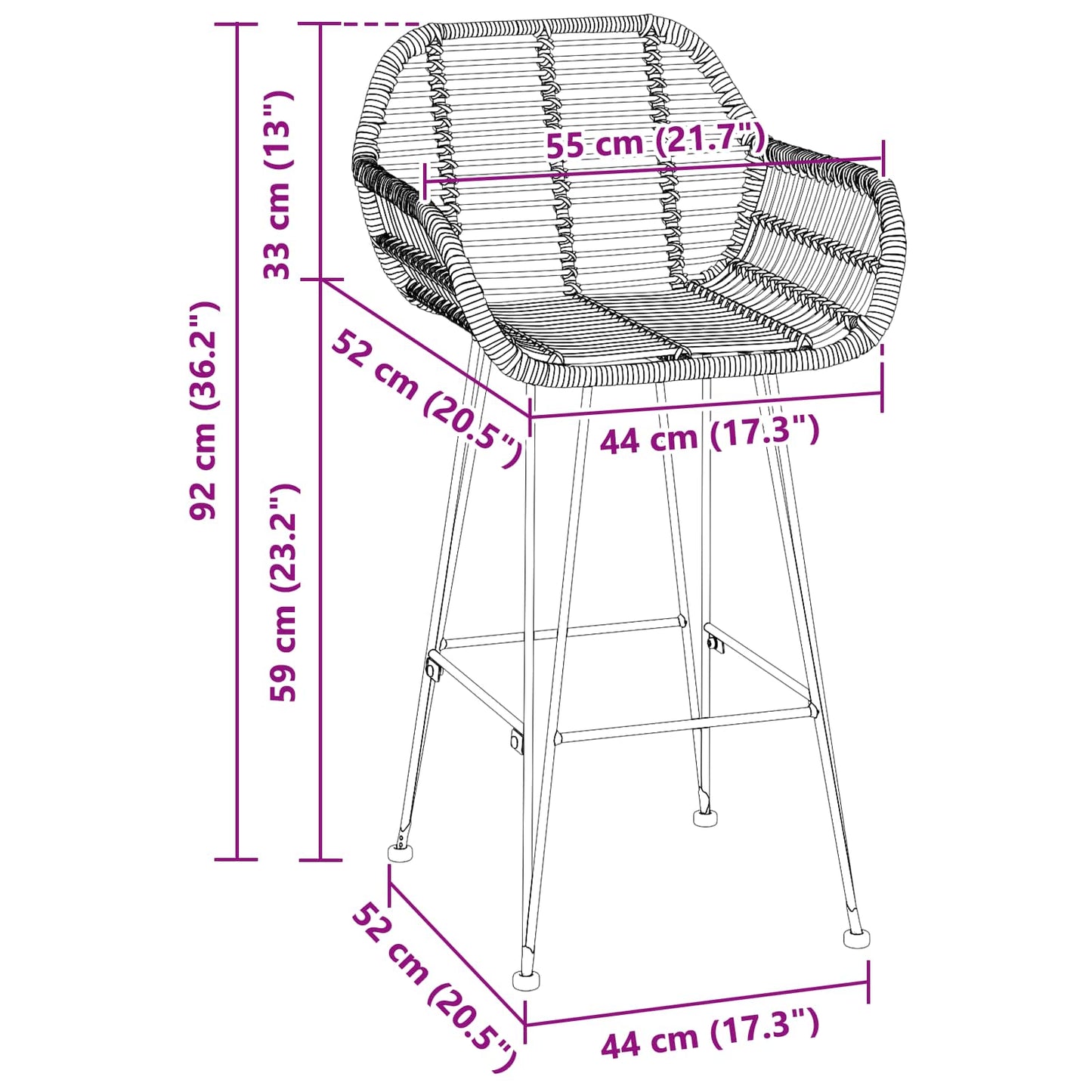 Bar Chair 2 pcs Black 55 x 52 x 92 cm Rattan and Iron
