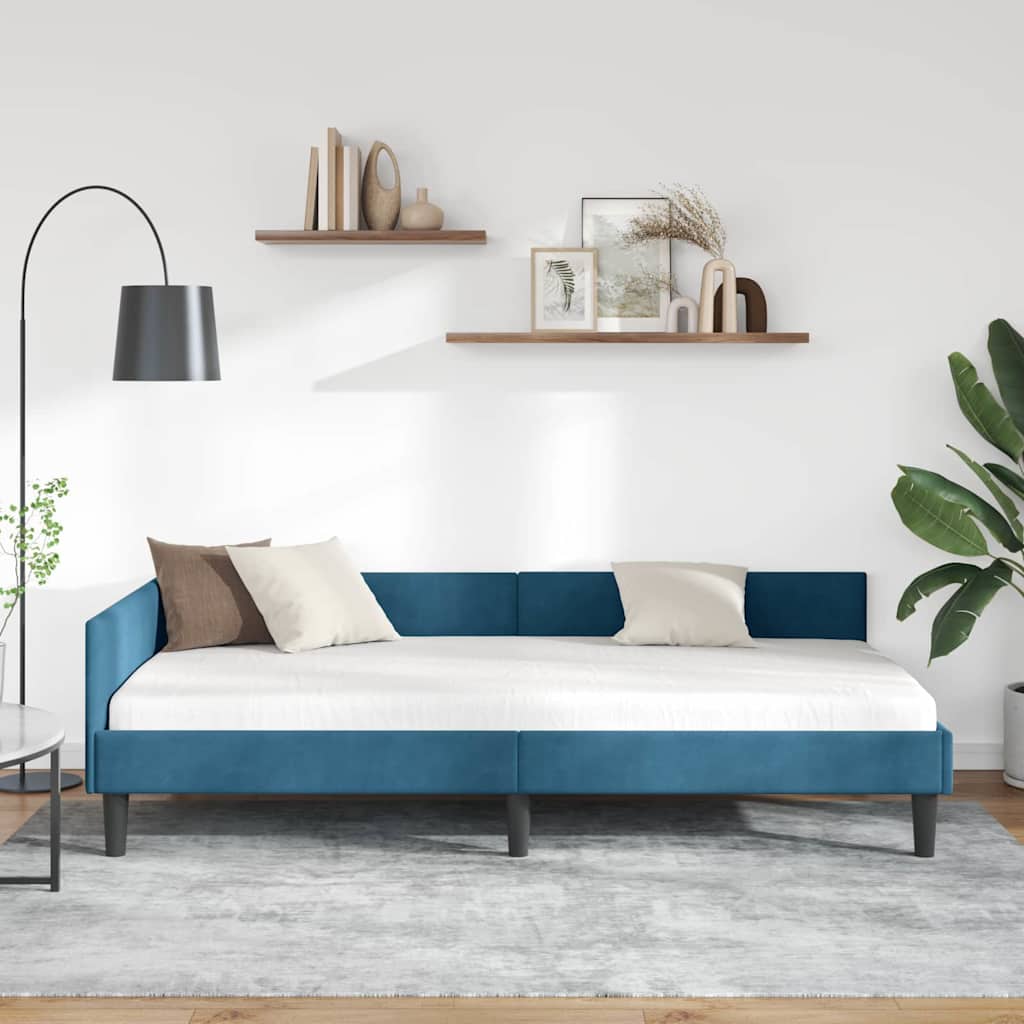 Corner Bed Frame Blue 90 x 190 cm Velvet and Engineered wood
