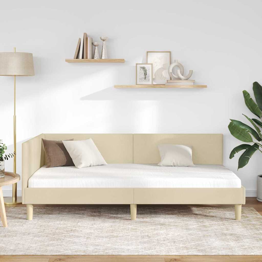 Corner Bed Frame Cream 90 x 200 cm Fabric and Engineered wood