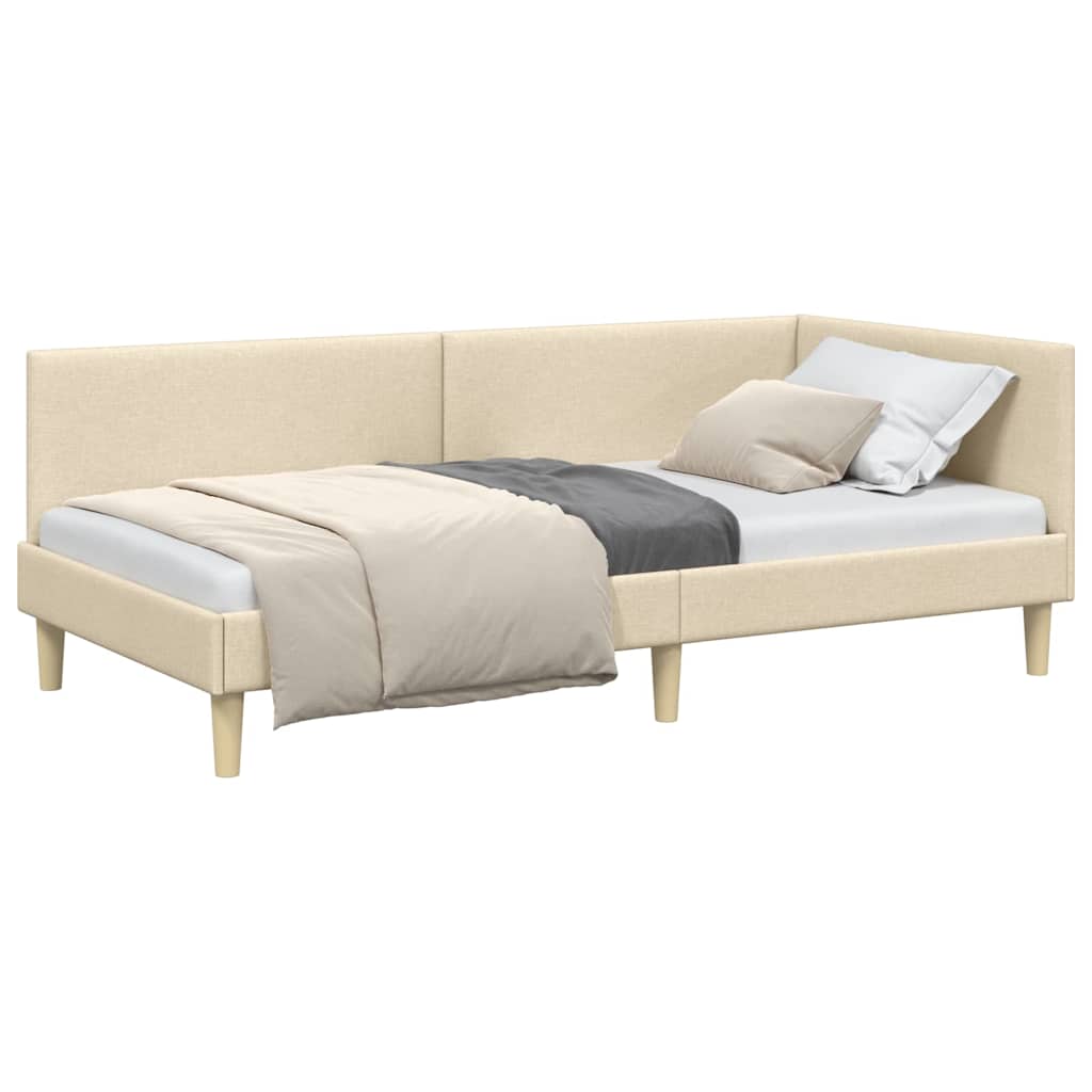 Corner Bed Frame Cream 90 x 200 cm Fabric and Engineered wood