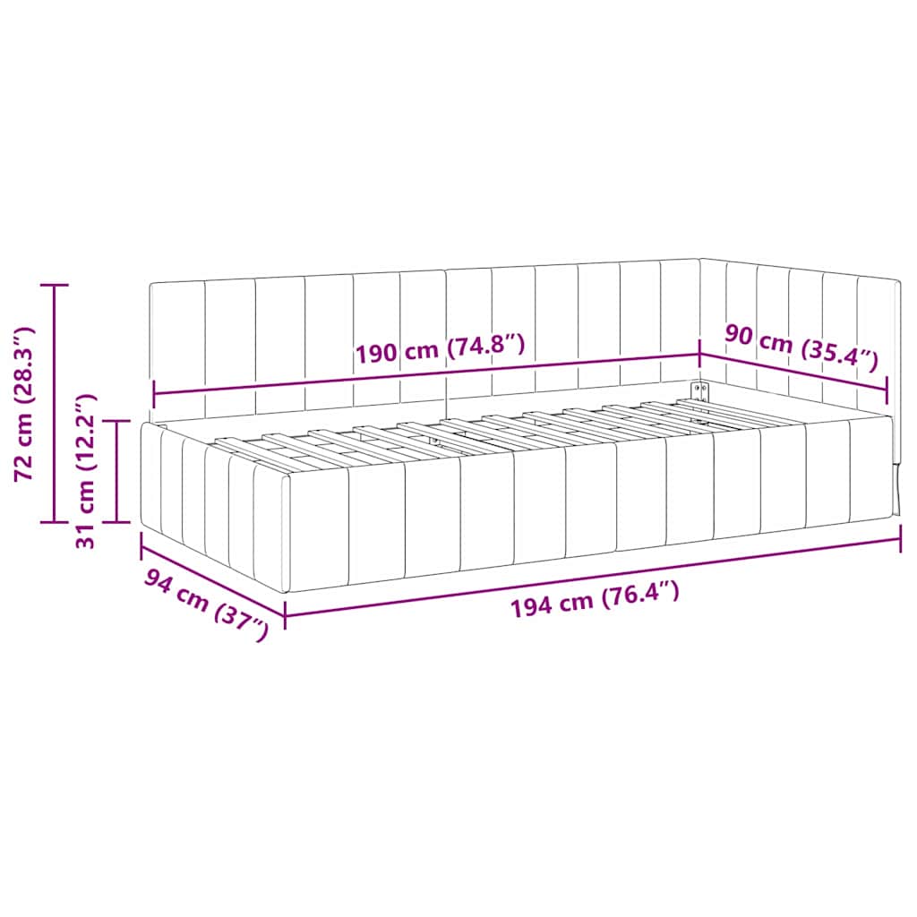 Corner Bed Frame with Headboard Yellow 90 x 190 cm Velvet