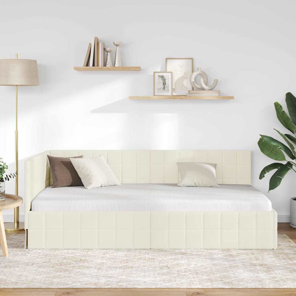 Corner Bed Frame with Headboard Cream 90 x 190 cm Velvet