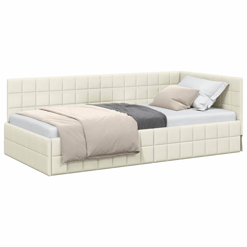 Corner Bed Frame with Headboard Cream 90 x 190 cm Velvet