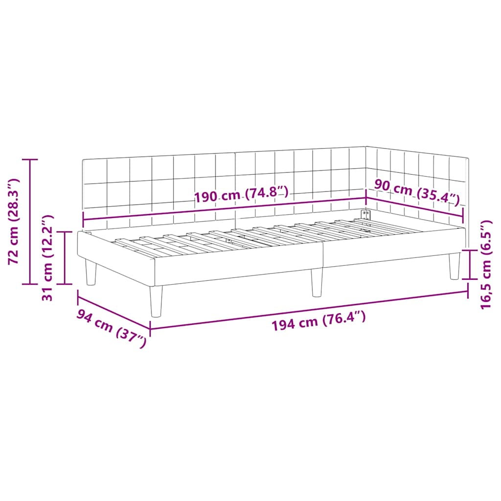 Corner Bed Frame with Headboard Yellow 90 x 190 cm Velvet