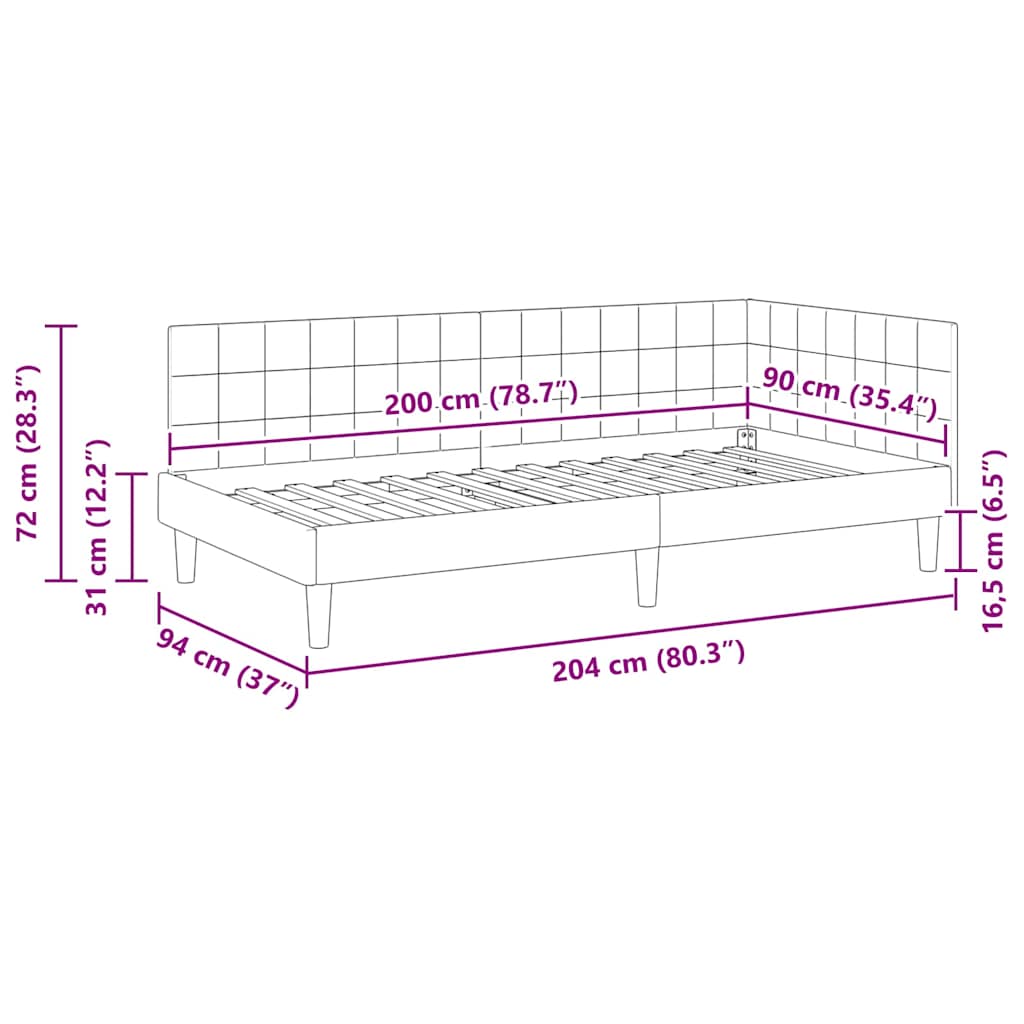 Corner Bed Frame with Headboard Dark grey 90 x 200 cm Velvet