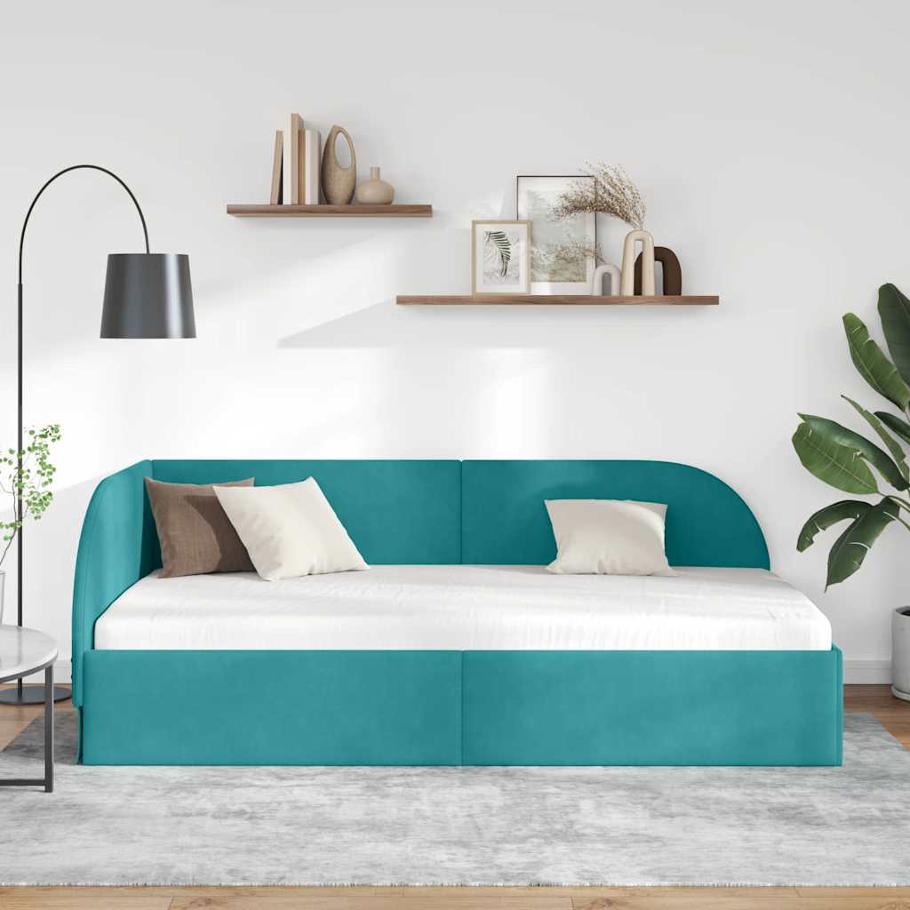 Corner Bed Frame with Headboard Turquoise 90 x 190 cm Velvet