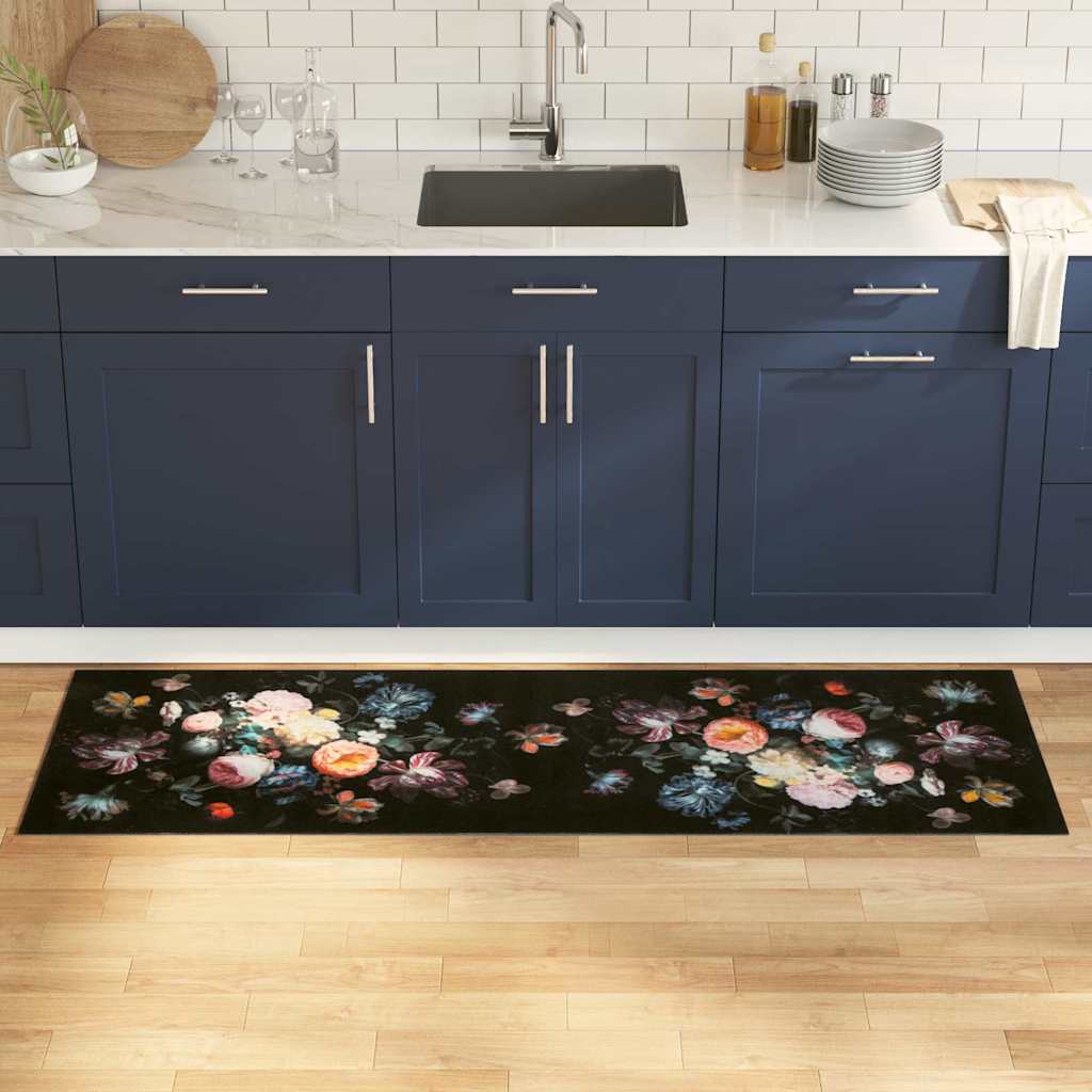 Kitchen Mat Floral Black 180 x 60 cm Velvet
