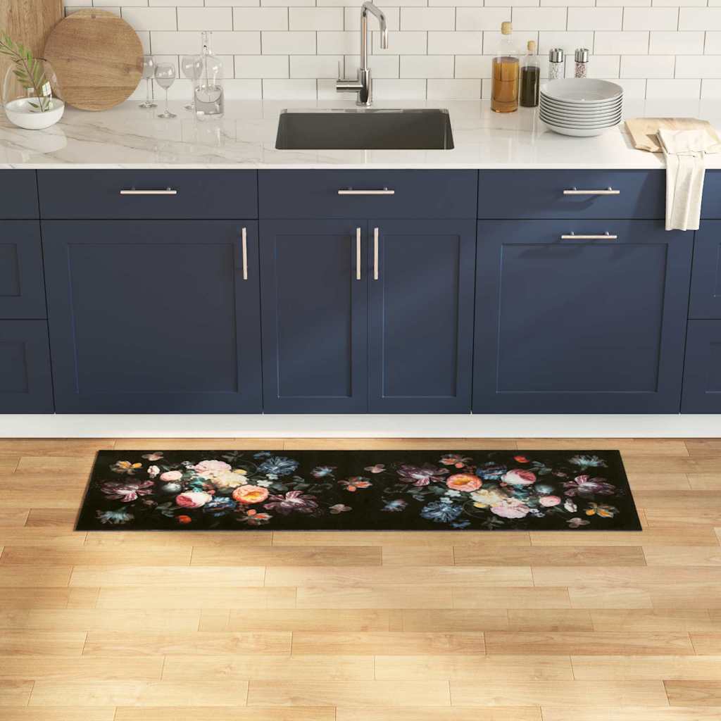 Kitchen Mat Floral Black 150 x 45 cm Velvet