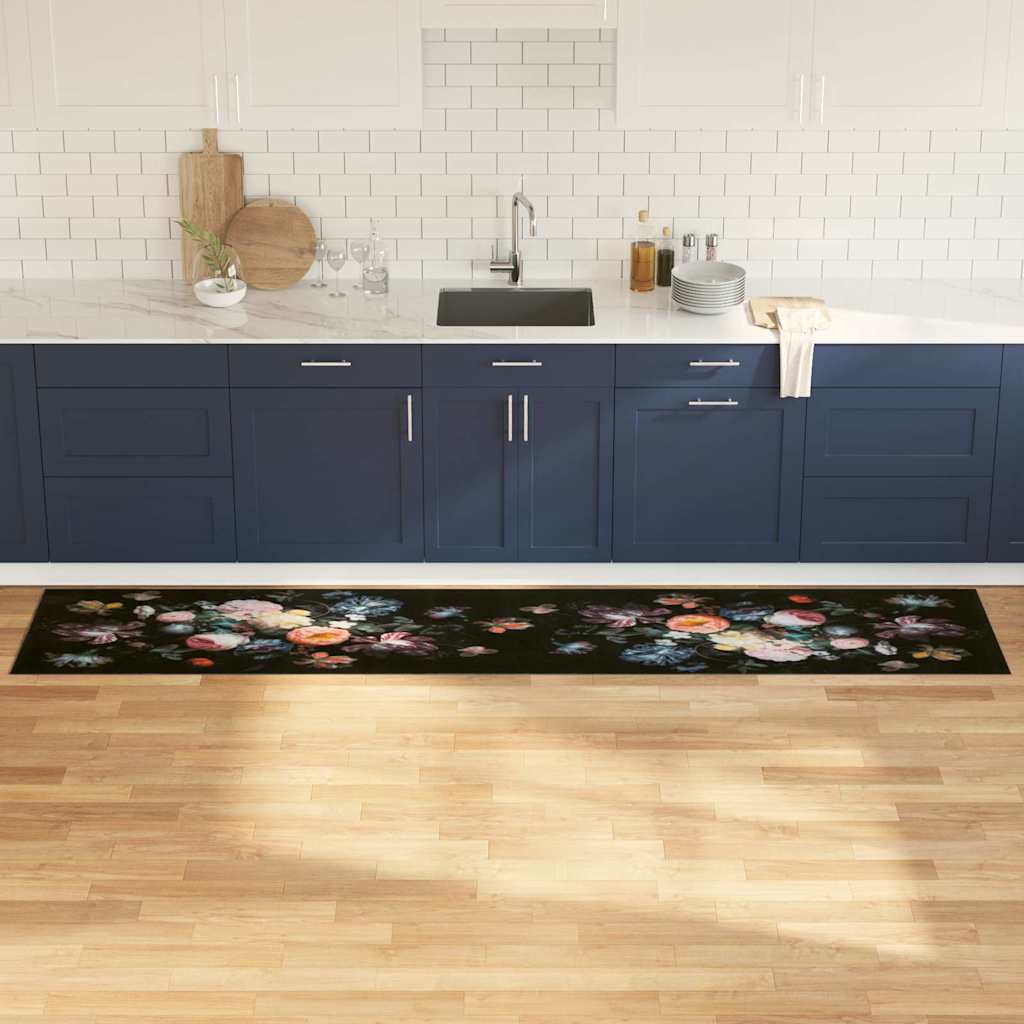 Kitchen Mat Floral Black 300 x 60 cm Velvet