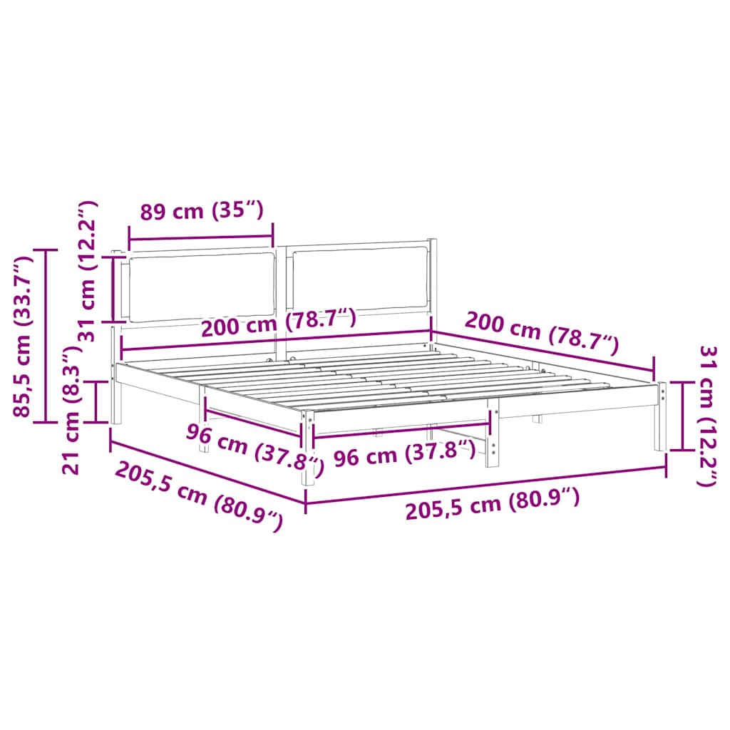 Bed Frame with Headboard Black 200 x 200 cm Solid Pine Wood