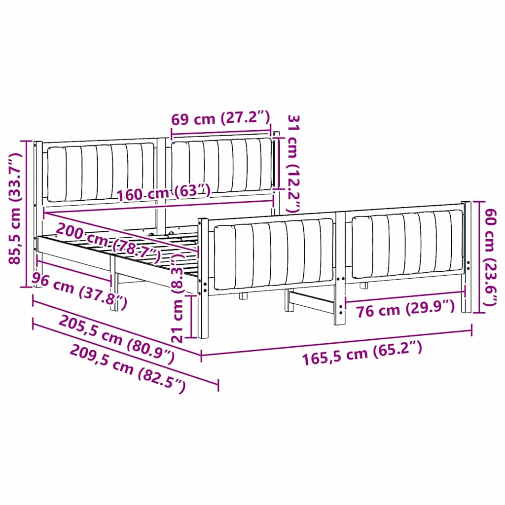 Bed frame Brown and light grey 160 x 200 cm Solid pine wood