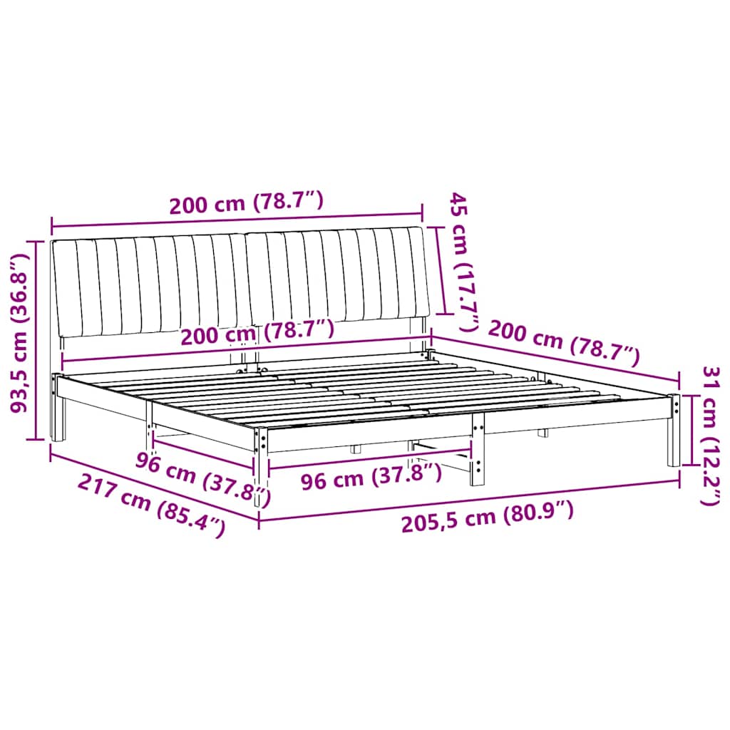 Bed Frame with Headboard White 200 x 200 cm Solid Pine Wood