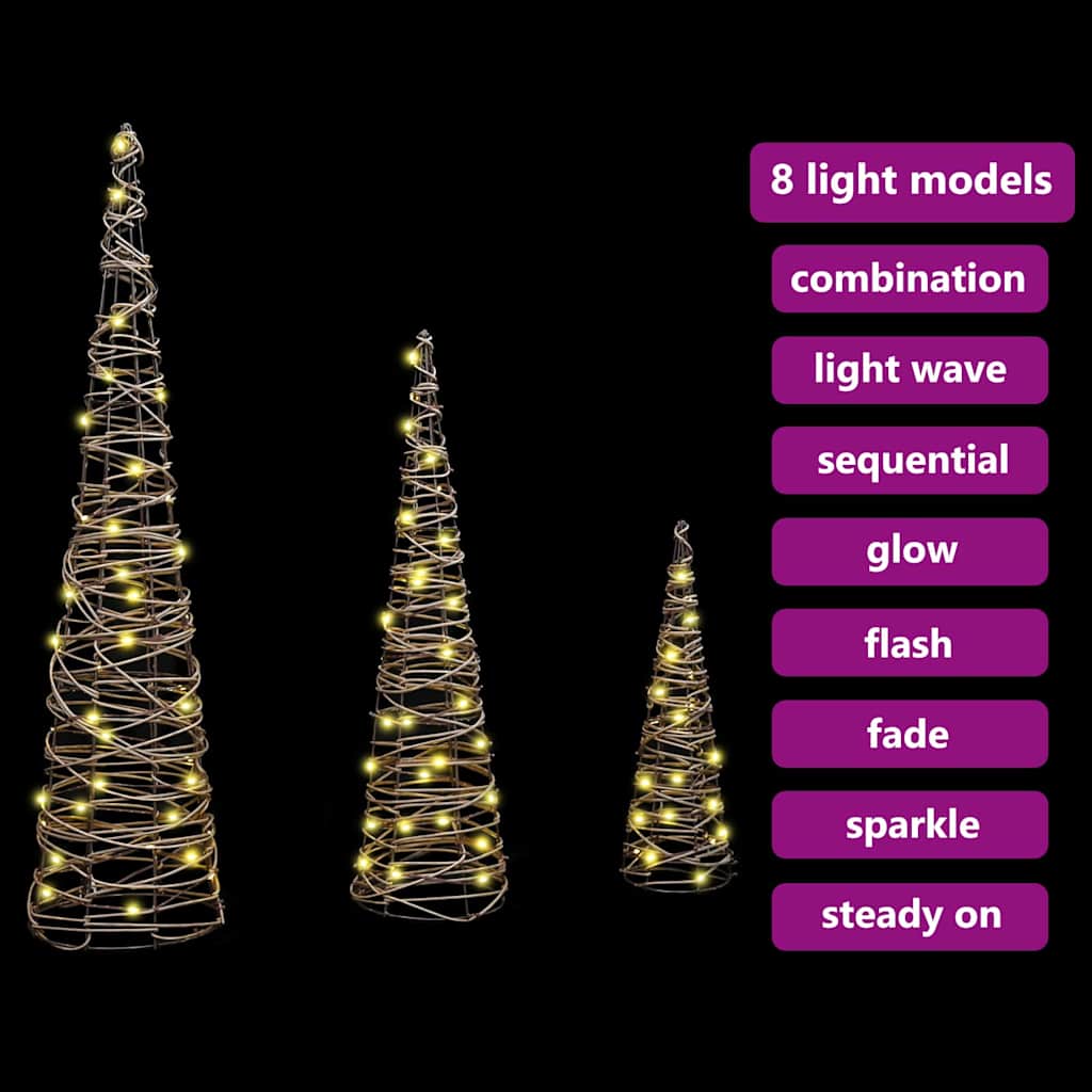 Christmas Tree 3 pcs Warm white 20 x 20 x 80 cm Rattan