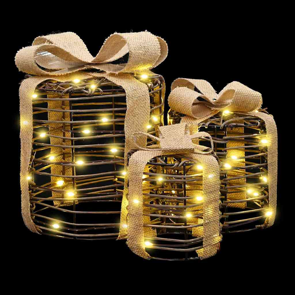 Gift Box Decoration 3 pcs Warm white 20 x 20 x 20 cm Rattan
