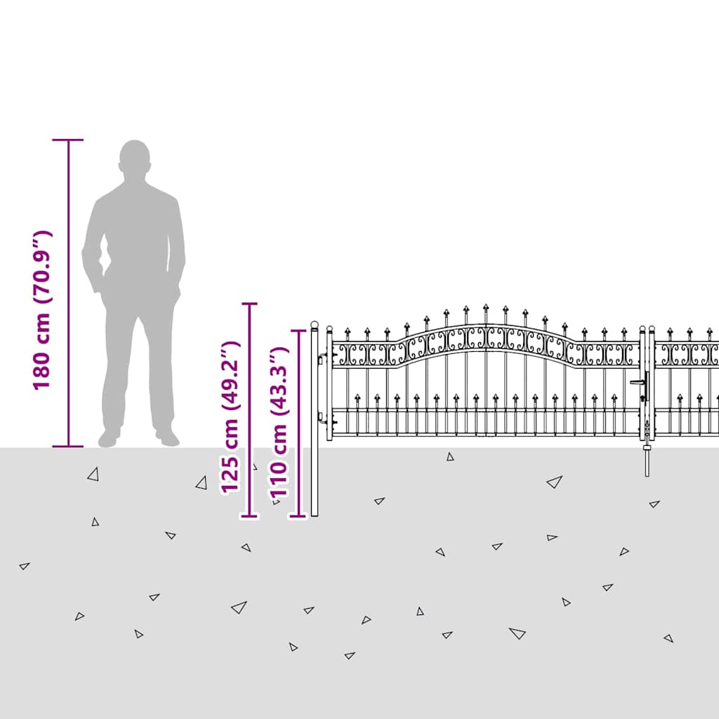 Fence Gate with Spear Top with Lock Grey 404 x 75 cm Steel
