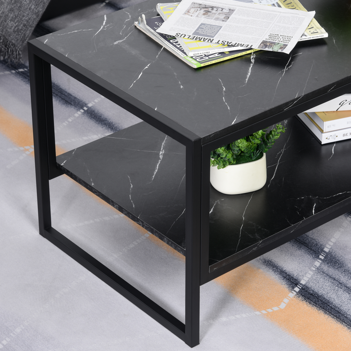 Two-Tier Laminate Marble Print Coffee Table Metal Frame Elegant Style