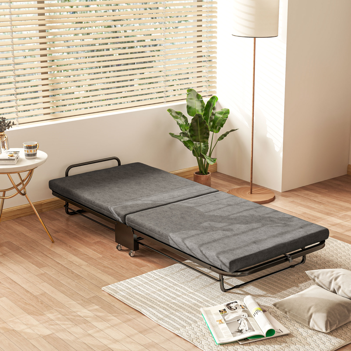 HOMCOM Single Folding Bed with Mattress Foldable Guest Bed on Wheels, Grey