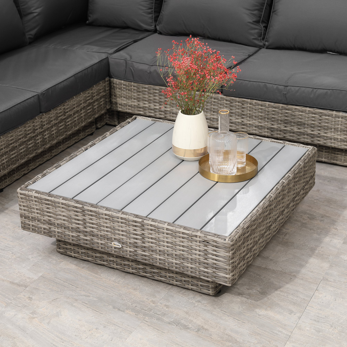 5-Seater Rattan Sectional Corner Sofa Table Set Cushions - Light Grey