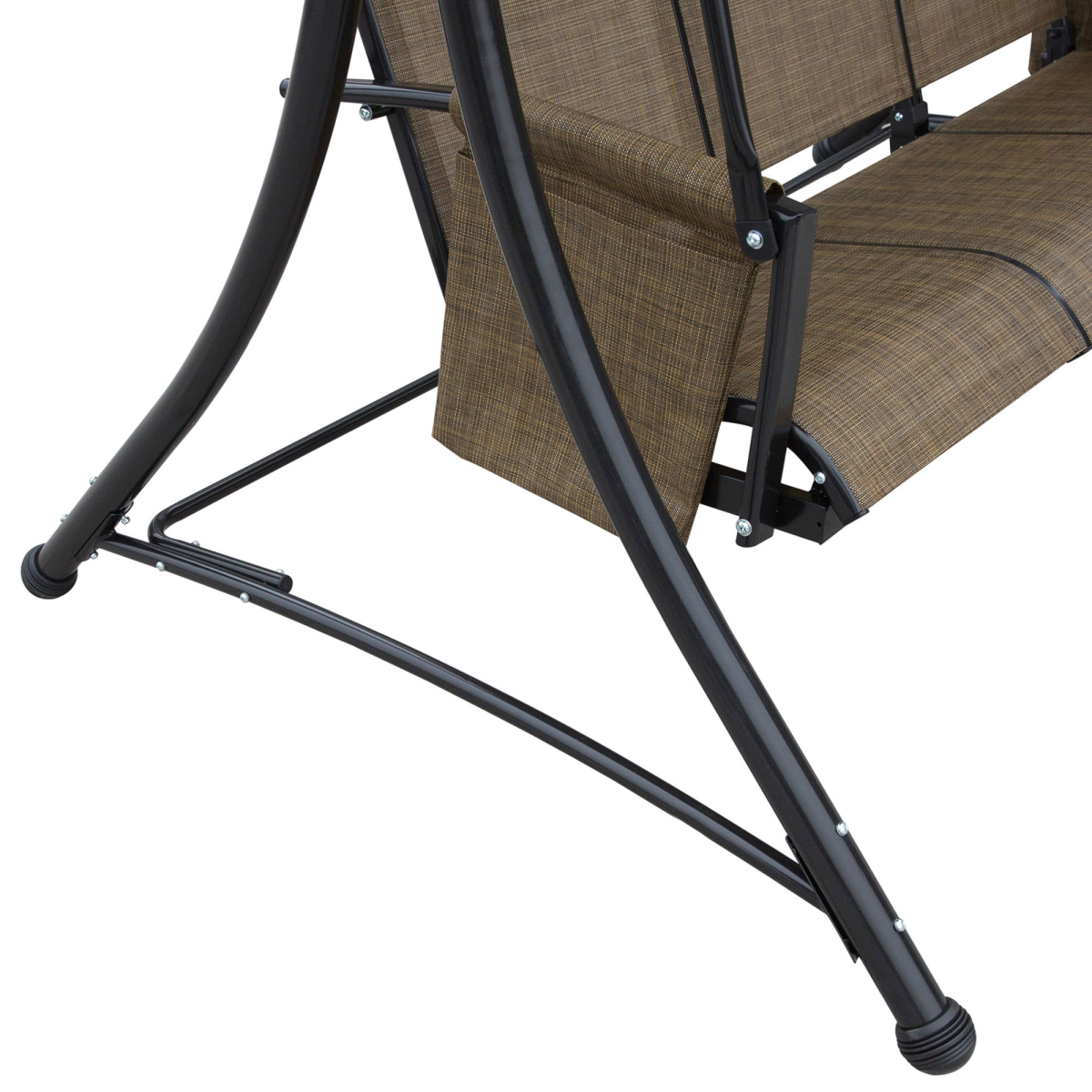 3 Person Swing Chair High Back Design, Side Pouches & Adjustable Canopy, Brown