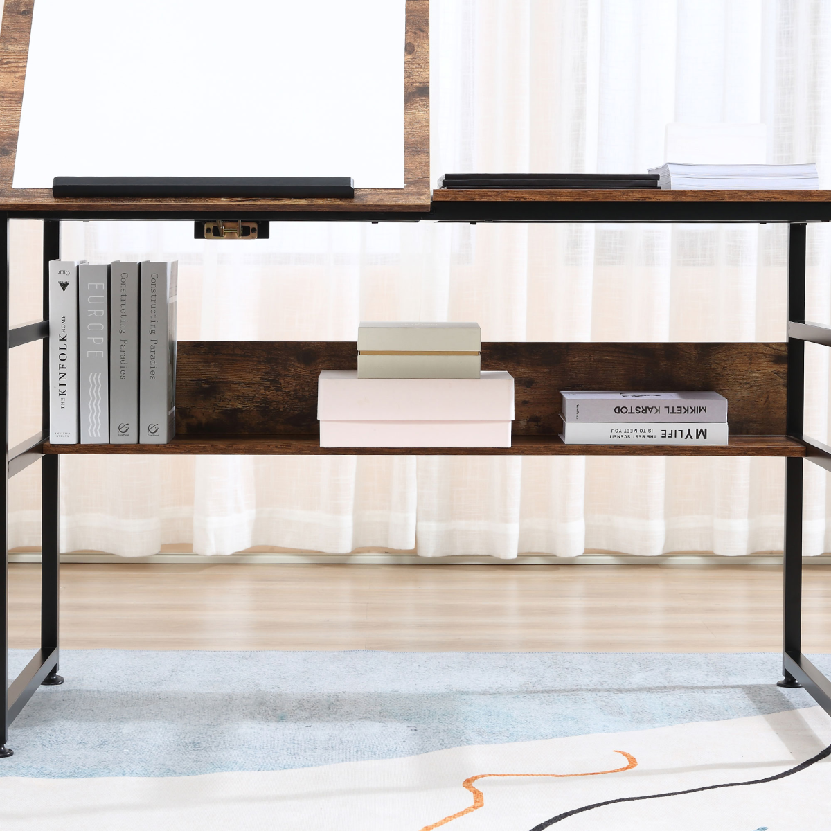 Tiltable Drafting Table Home Office Computer Desk Shelf, Rustic Brown