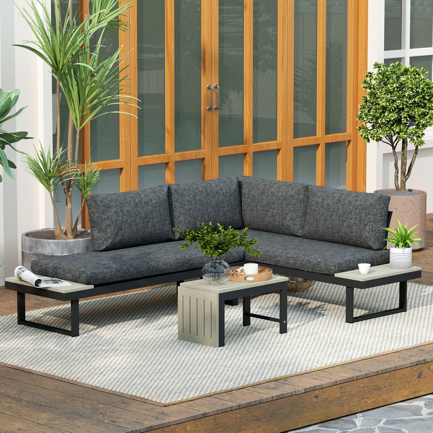 Outsunny 4 Seater L Shaped Aluminium Garden Furniture Set with Coffee Table