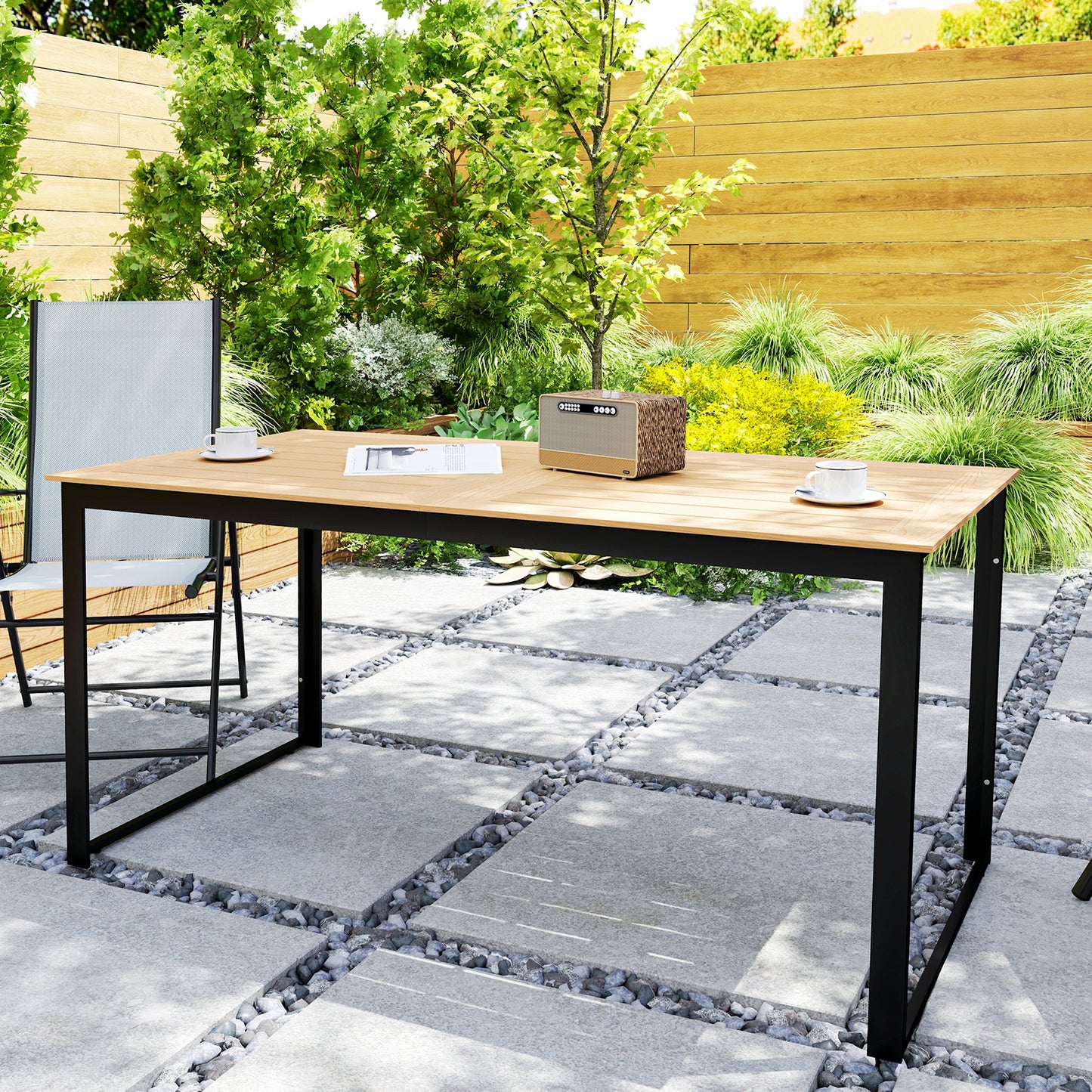 Outsunny Garden Table for 6 People with Slatted Table Top, Metal Frame, Teak