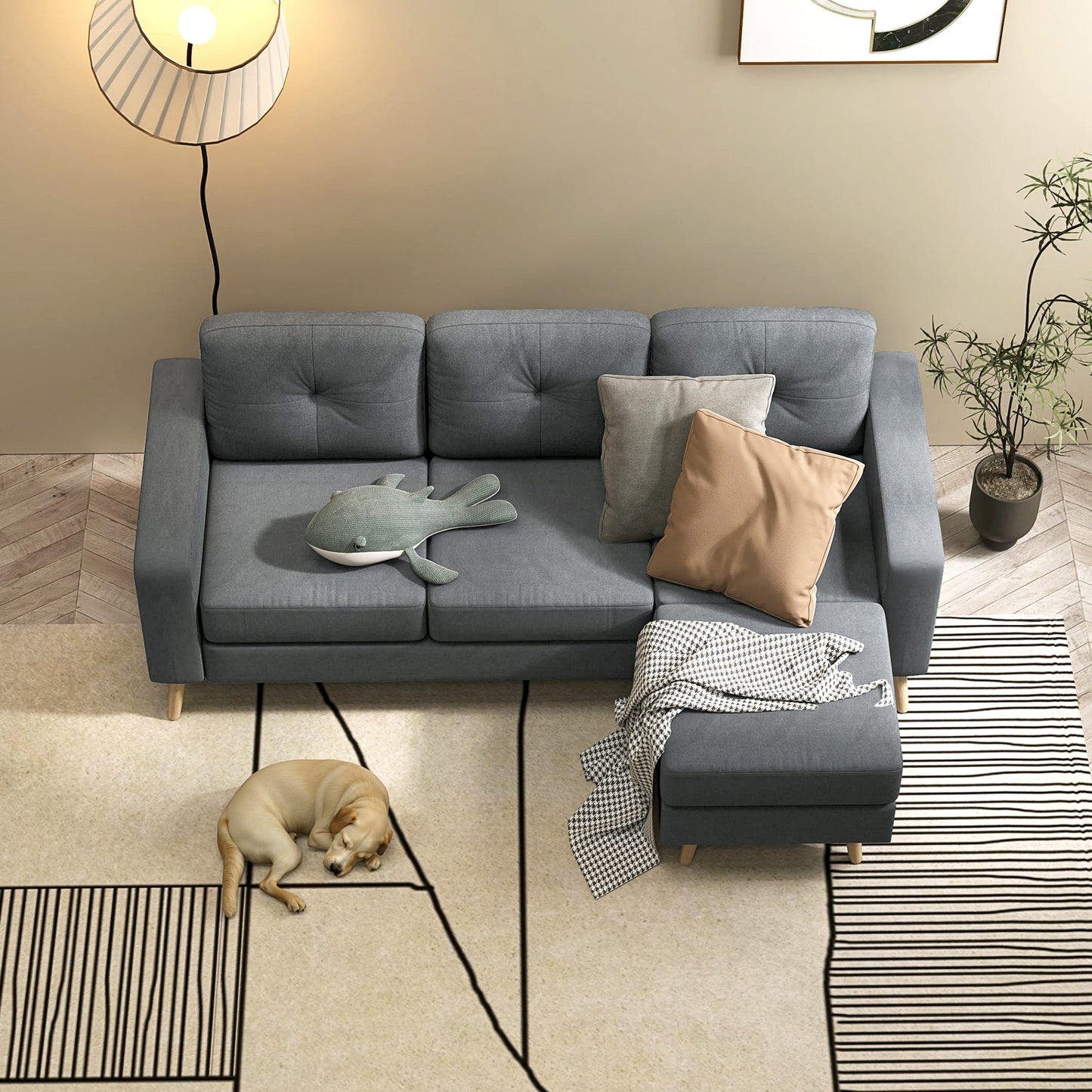 HOMCOM 3-Seater L-Shaped Linen Sofa w/ Sponge Seat Back Cushions, Dark Grey