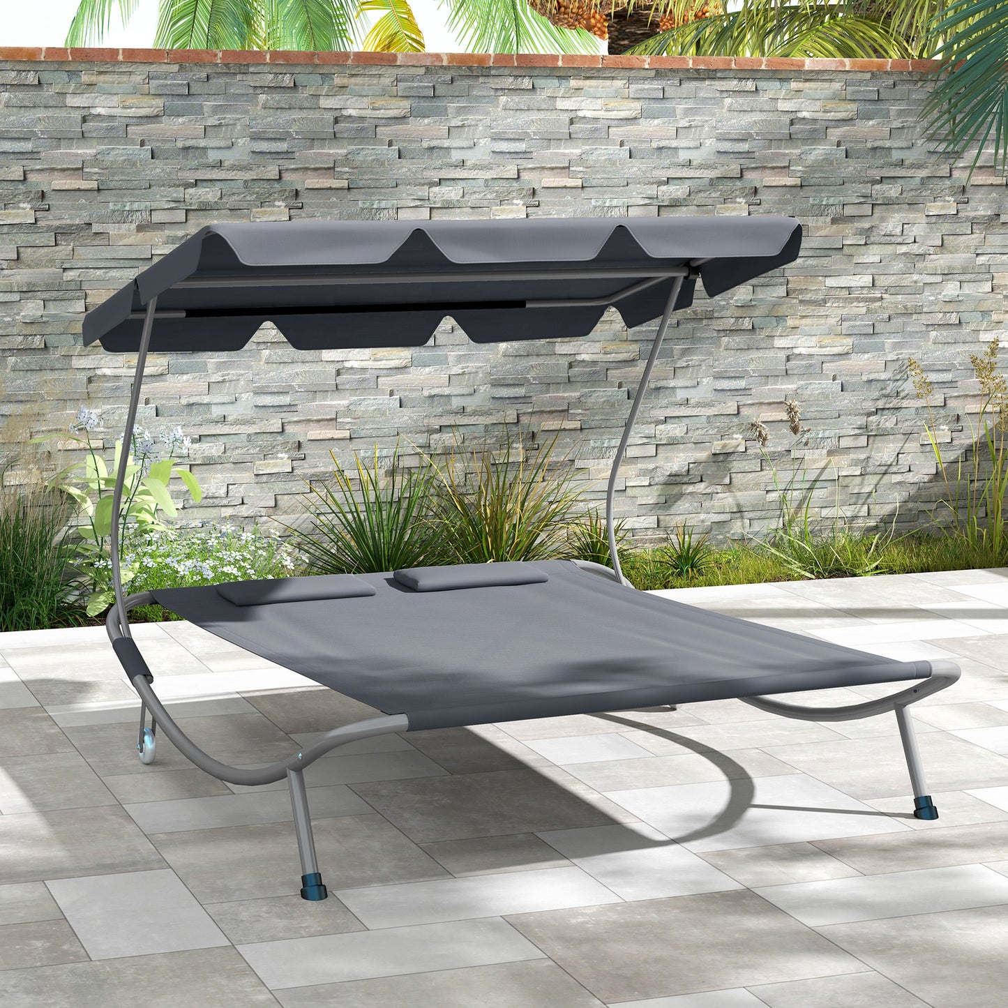 Outsunny Garden Double Hammock Sun Lounger Day Bed Canopy w/ 2 Pillows