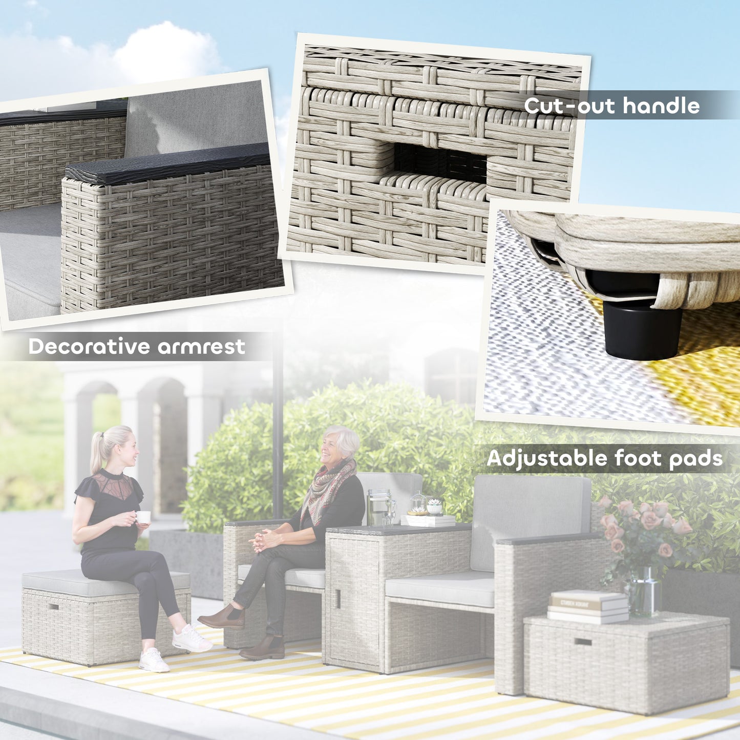 Outsunny 5 Piece Rattan Garden Furniture Set w/ Storage Table, Stools, Grey