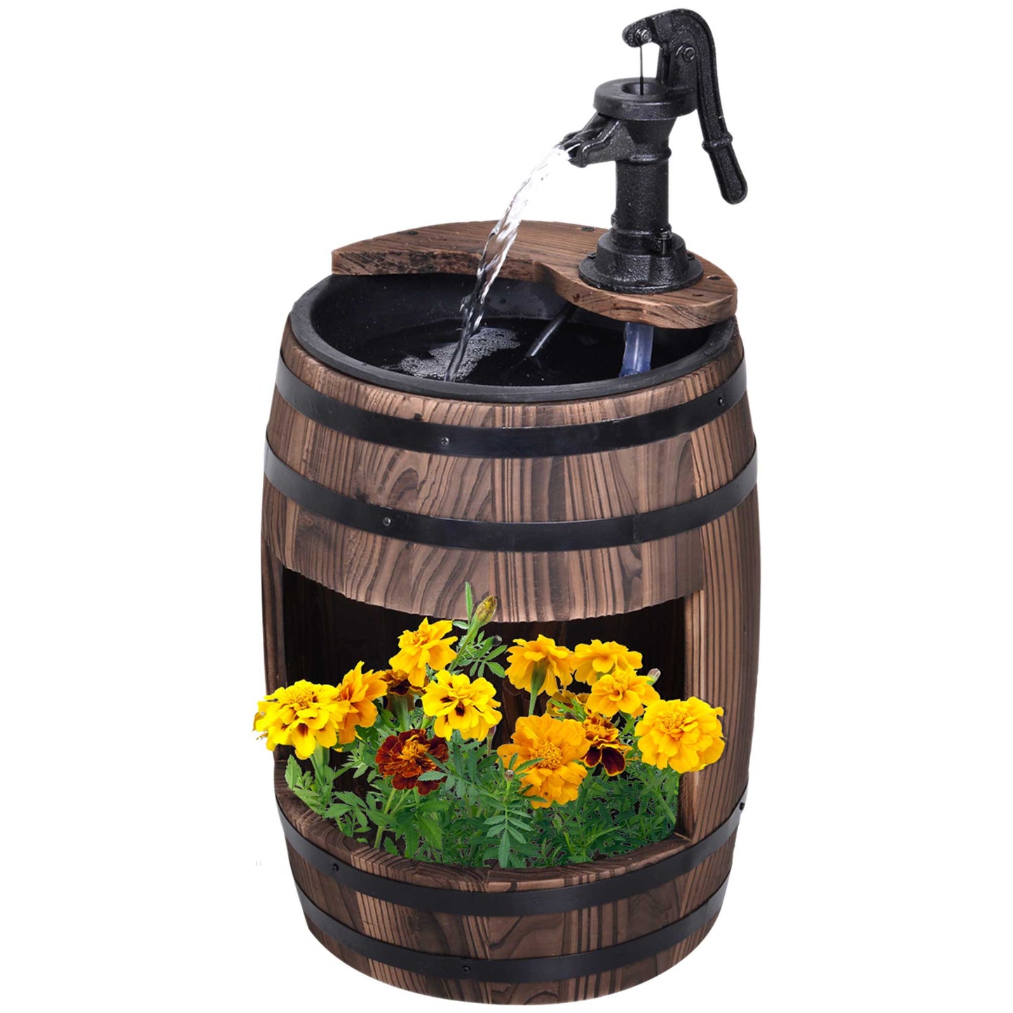 Outsunny Wood Barrel Pump Garden Fountain Water Feature Flower Planter Stand New