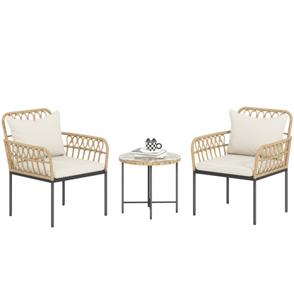 Outsunny 3 Piece Rattan Bistro Set, Balcony Table and Chairs with Cushions